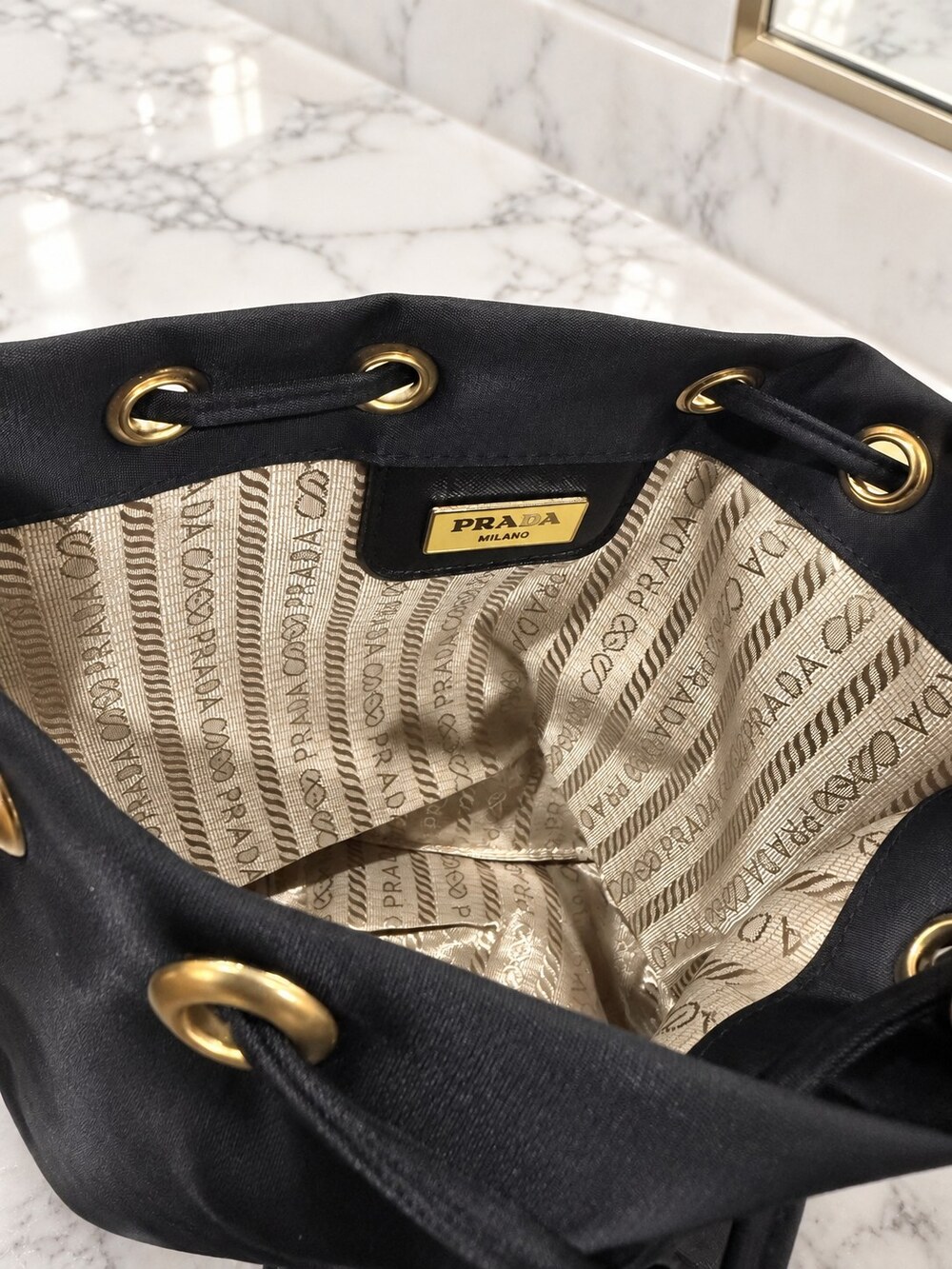 Prada Black Drawstring Makeup Bag | Gold-Tone Details - Picture 5 of 6
